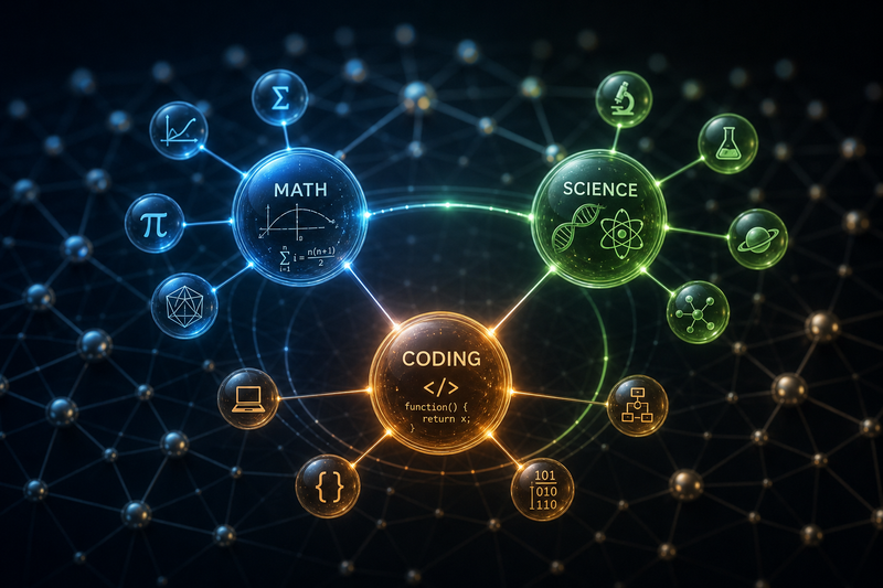 Diagram showing science, coding, and math overlapping to form an integrated STEM skill set for kids, with examples like Python, data analysis, robotics, and scientific modeling