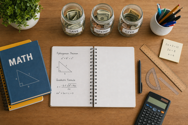 Visual guide showing kids’ money activities at home, including spend-save-give jars, shopping math, and coding-based finance projects.