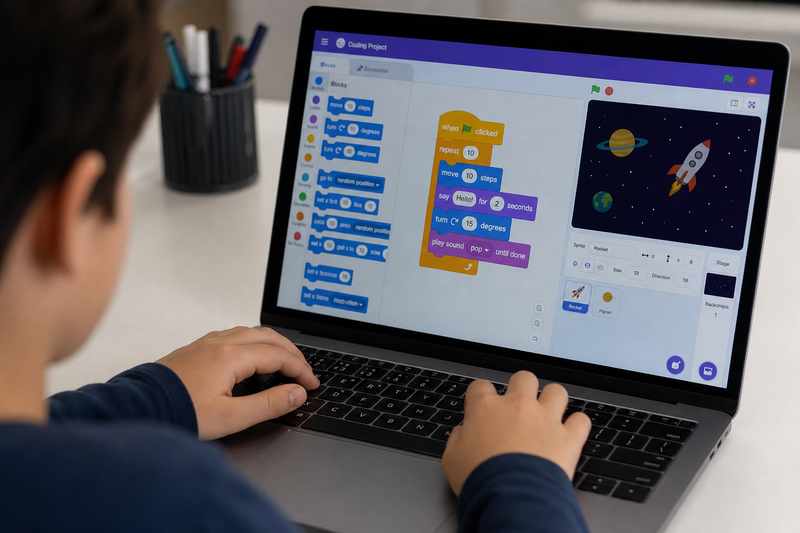 Collage of kid-friendly coding platforms for ages 7 to 10, including block-based game creation and beginner coding interfaces