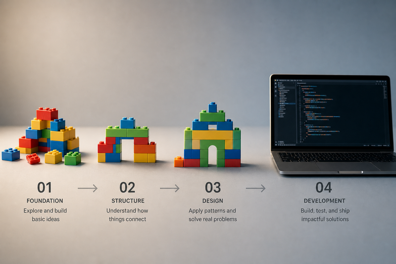 Four-stage roadmap showing progression from block coding games to Python, app development, and advanced coding projects for kids