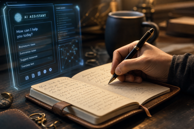 Illustration of a child writing creatively at a desk while AI, coding, math, and communication icons appear around them, representing human creativity in 2026