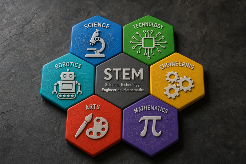 Infographic showing seven benefits of creative writing for kids connected to school performance, confidence, emotional intelligence, focus, logic, and STEM skills