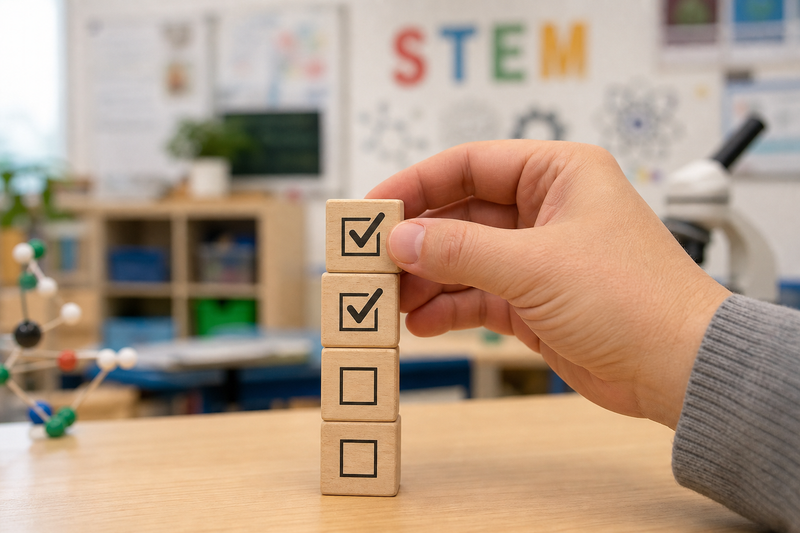 Checklist-style illustration for parents evaluating online English classes for kids, featuring live teaching, writing projects, language support, and STEM pairing