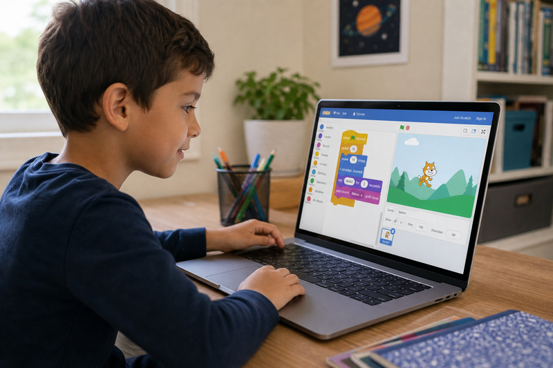 Child creating a colorful Scratch project with drag-and-drop coding blocks, animated characters, and a simple game interface
