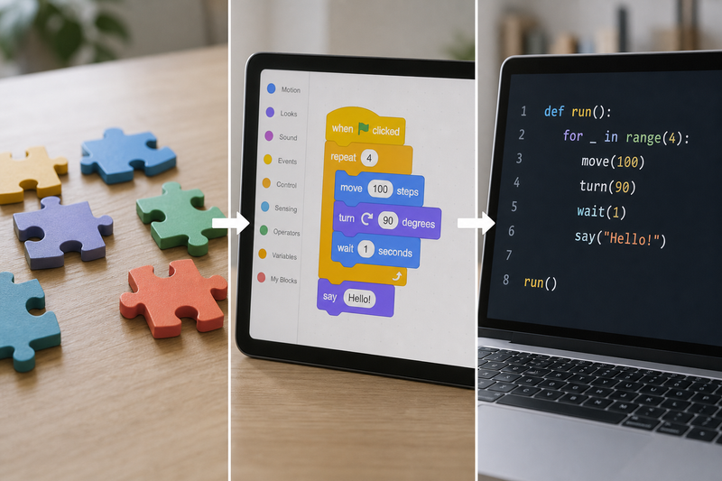 Learning pathway diagram showing kids progressing from solving coding riddles to Scratch projects, Python coding, and building simple apps.
