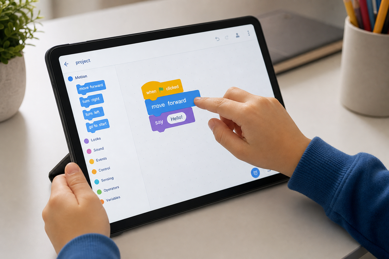 Example of a Scratch programming project with colorful drag-and-drop code blocks and animated characters for young learners.