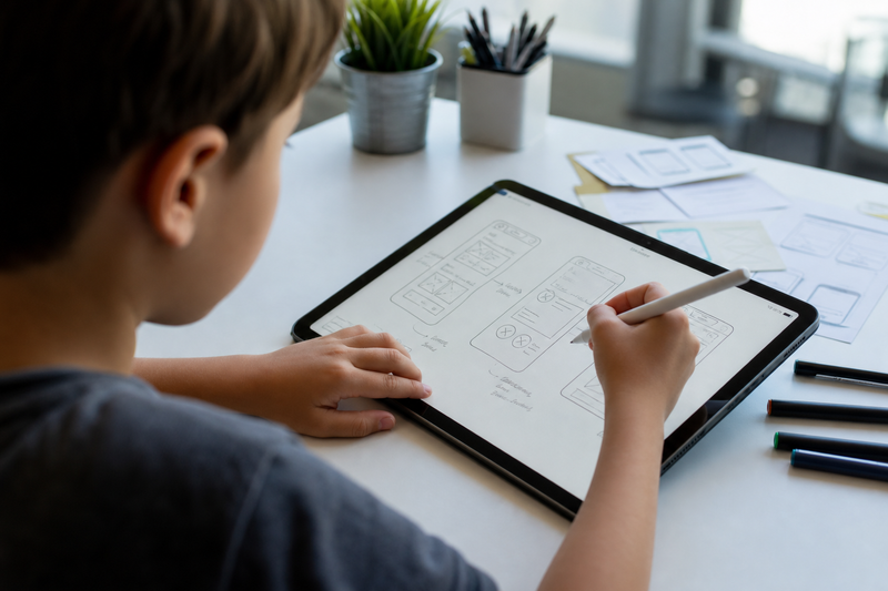 Simple app development workflow for kids showing idea, design, coding, testing, and launch stages alongside a mobile app mockup.