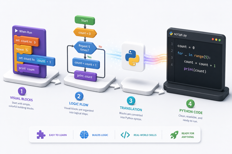 Age-based coding pathway for autistic learners showing ScratchJr and Scratch for ages 5 to 7, Blockly for ages 8 to 10, and Python for ages 10 and up
