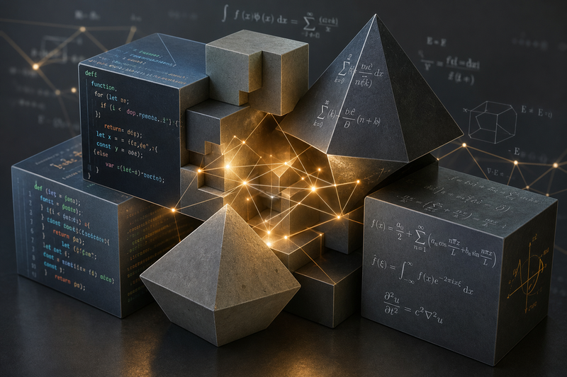 Diagram illustrating connections between coding concepts such as variables, loops, and algorithms and math skills like algebra, logic, and pattern recognition