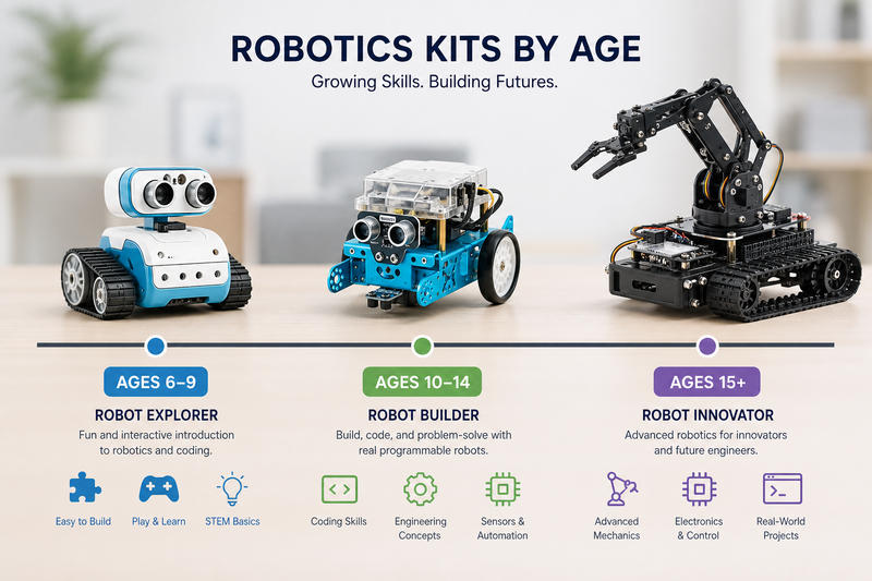 Age-by-age robotics guide for kids showing recommended kits, coding methods, and skill goals for ages 5 to 7, 8 to 12, and 13 plus.