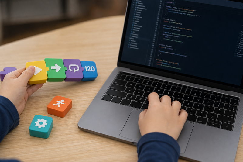Age-based coding roadmap for kids showing stages from ages 5 to 14+, with ScratchJr, Scratch, Python, and app development matched to each age group