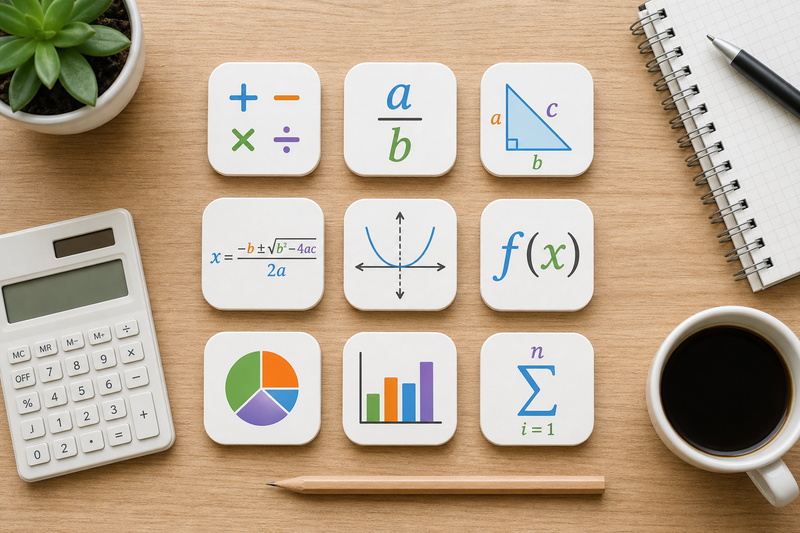 Infographic showing online math activity types such as escape rooms, virtual manipulatives, math facts games, coding projects, and multiplayer races with their key skills