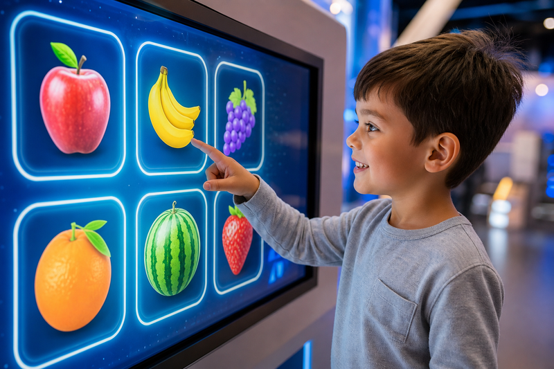 Child using a simple machine learning tool to train an AI model to recognize drawings or colored objects on a screen