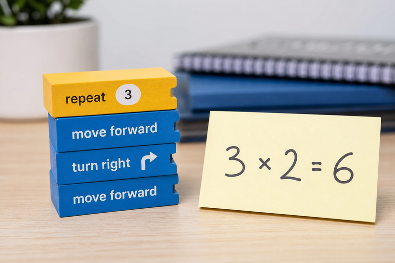 A visual showing multiplication as repeated addition connected to coding loops, with examples from Scratch blocks and a short Python for-loop generating a multiplication table.