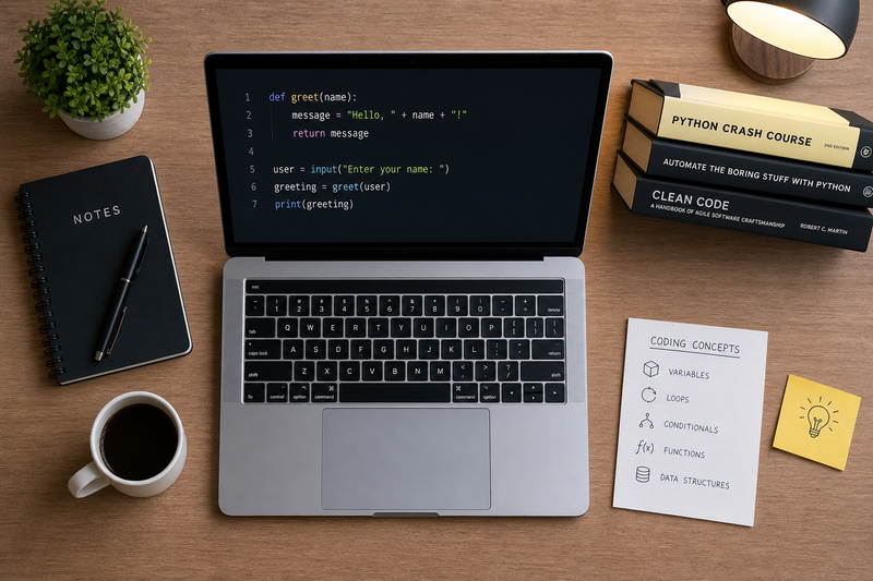 Infographic showing Python’s kid-friendly features: readable syntax, versatility, large library ecosystem, clean code style, and strong global community