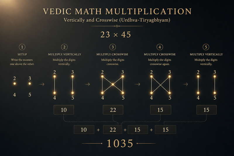 Step-by-step diagram showing how to multiply 97 by 96 using the Vedic base-100 method with deviations, cross-subtraction, and final answer assembly.