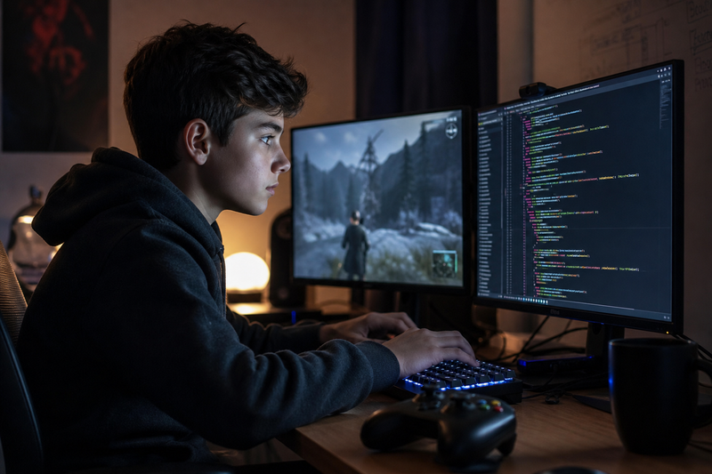 Illustration of a child transitioning from watching videos and gaming to creating animations, coding projects, and apps on a computer
