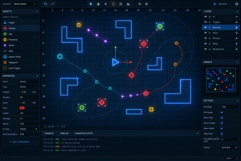 Illustration showing geometry in coding with a coordinate grid, Scratch-style sprite movement, simple game shapes, and an app layout grid