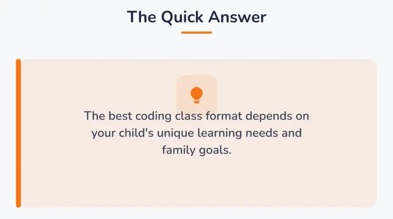 The Quick Answer: The best coding class format depends on your child's unique learning needs and family goals.
