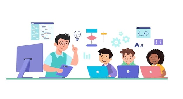 Vector kids learn coding with male teacher vector illustration