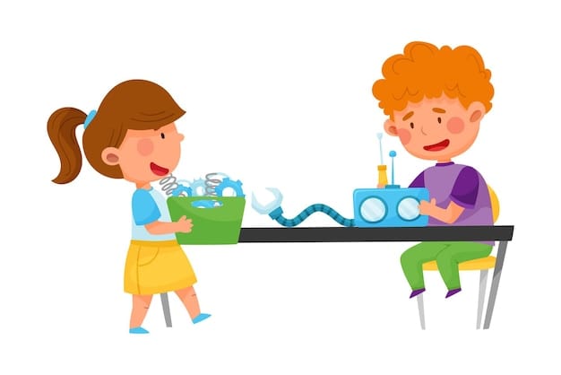 Vector little kids repairing and fixing robot vector illustration