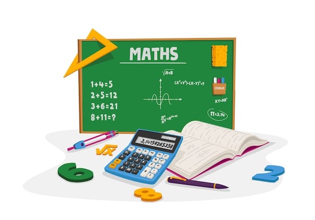 Vector mathematics education and school lesson concept. textbook or notebook with writings, calculator, pen and compass around of green chalkboard with tasks and math formulas. cartoon
