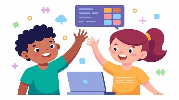 A pair of kids highfiving each other excitedly as their code successfully exees bringing their game