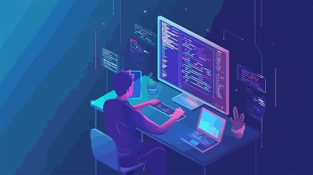 Vector person interacting with coding interface colorful technology concept