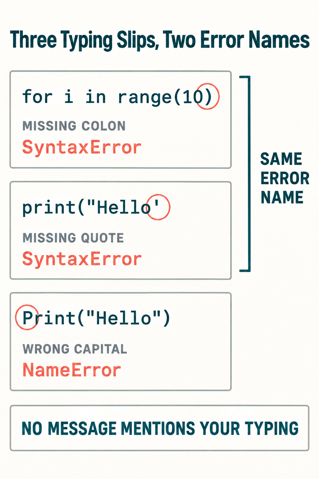 Diagram of three common Python typing mistakes by a beginner, a missing colon, a missing quotation mark and a wrong capital letter, with the error names they produce