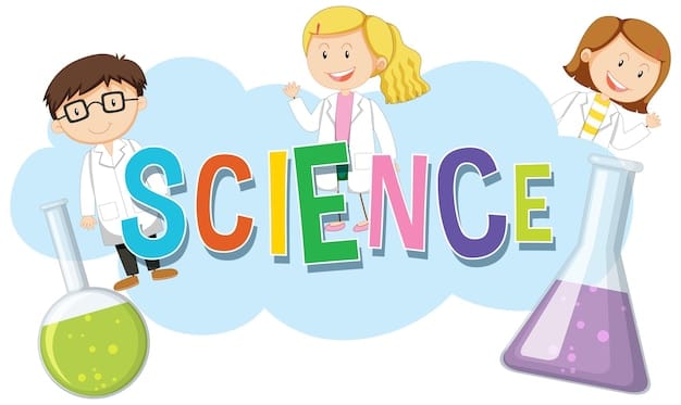 Vector science logo banner with cartoon scientists in gowns