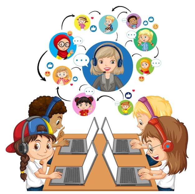 Free Vector side view of children using laptop for communicate video conference with teacher and friends