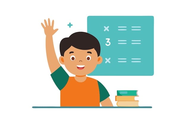 Smiling school boy raising hand in classroom ready to answer math question