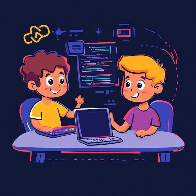 Two young boys are working on a laptop computer while looking at each other and smiling