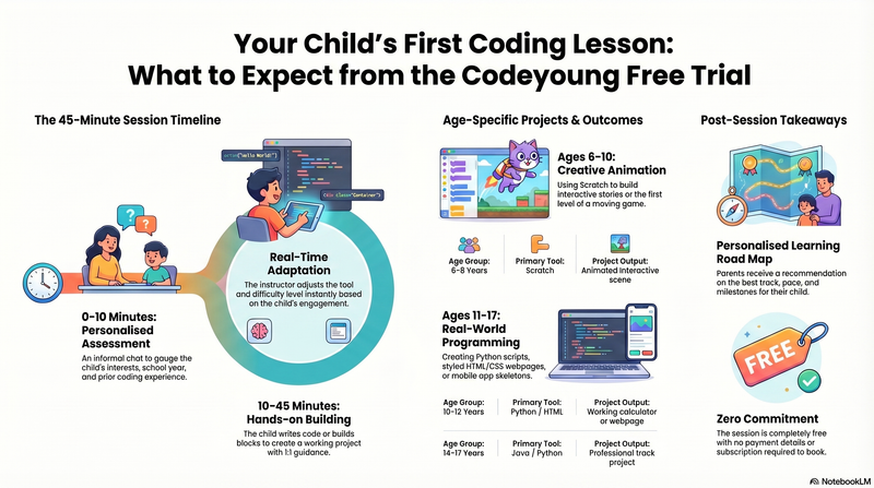 free coding class for kids: parent watching child's first Codeyoung trial session with interest as child builds a Scratch project