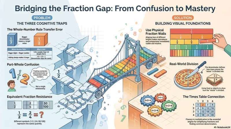 fractions for kids: child placing fraction cards on a number line between 0 and 1, developing intuition for fraction magnitude