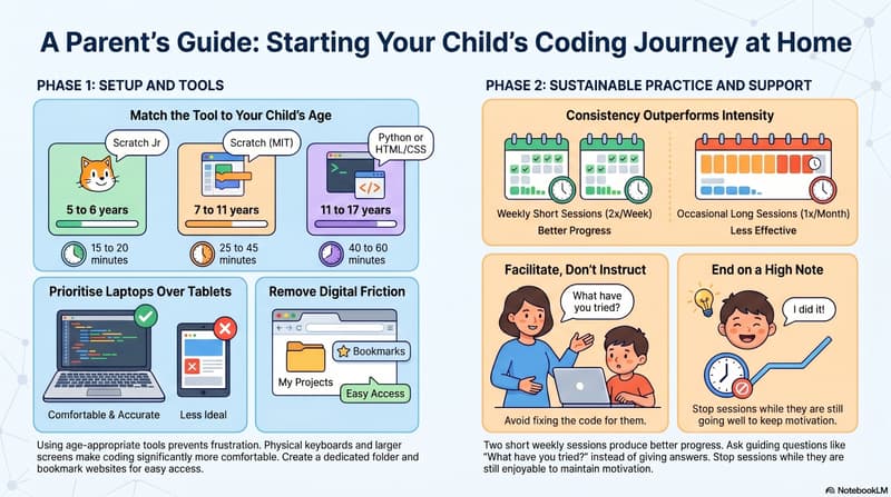 parent teaching child to code at home: parent pointing at screen asking a question while child thinks through the problem