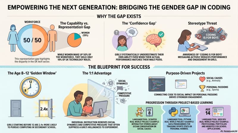 coding for girls: two girls collaborating on a coding project, engaged and confident at their laptops
