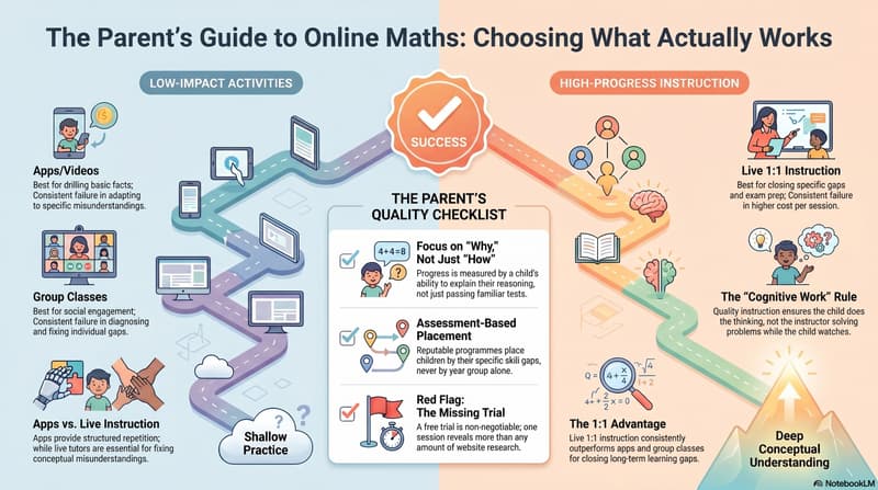 online maths class for kids: child working through an algebra problem with a live instructor, both visible on screen
