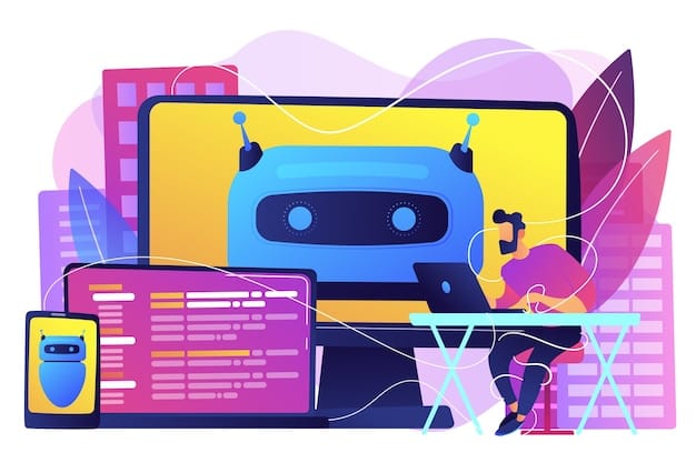 Free Vector user with computer, laptop and tablet screens with chatbot and digital habits. software engineer. bright vibrant violet isolated illustration