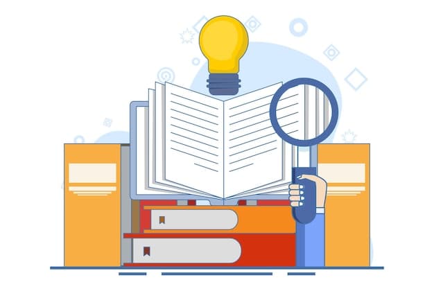 Vector illustration of book reference concept or library with stack of  books and light bulb | Premium Vector