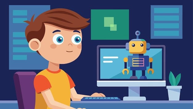 Vector a young boy intently watching a video tutorial on the computer learning how to code a robot for his