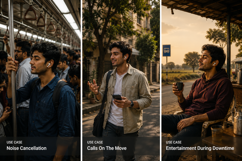 A three-panel lifestyle image showing the same man using wireless earbuds in different environments.