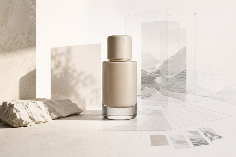 Premium product scene blending studio photography, AI-generated surroundings, depth mapping, and compositing on a light background.