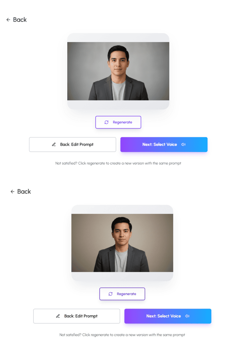 Image 1 and Image 2 avatar designed using 'regenerate' using the same prompt using personate's design with AI