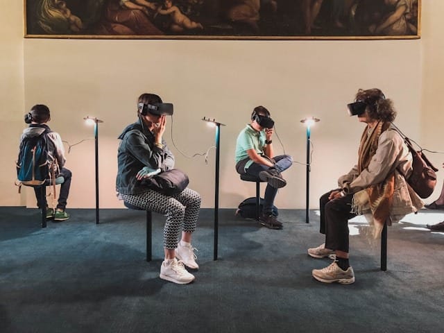 Students using VR headsets in the classroom