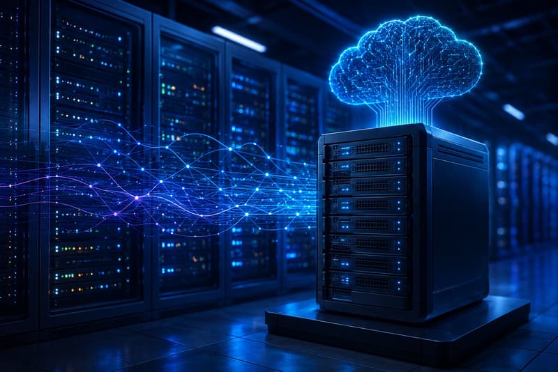 Futuristic data center with digital cloud