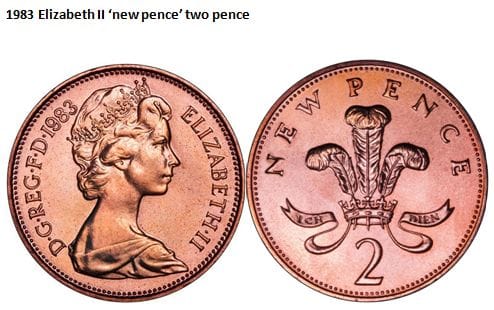 1983 Elizabeth II ‘new pence’ two pence 