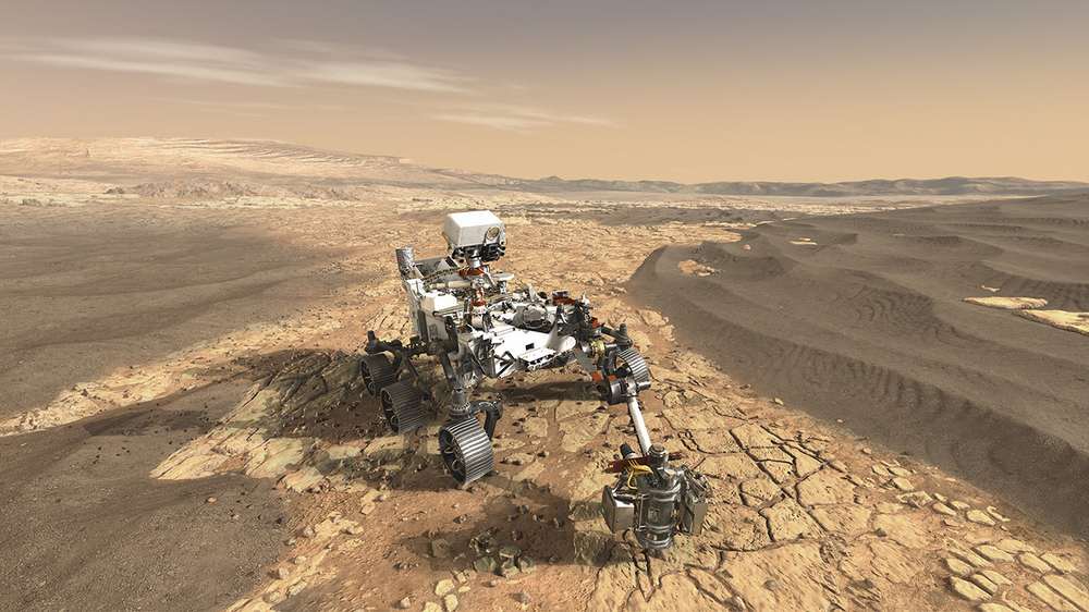 NASA/JPL-Caltech. This illustration depicts NASA's Mars 2020 rover on the surface of Mars. The mission, targeted for launch in July/August 2020, takes the next step by not only seeking signs of habitable conditions on Mars in the ancient past, but also searching for signs of past microbial life itself.