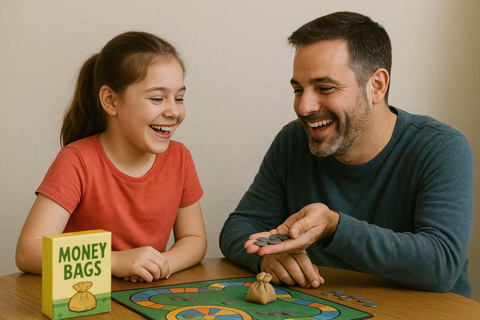 Father and daughter bonding and practicing Math over a game of Moneybags