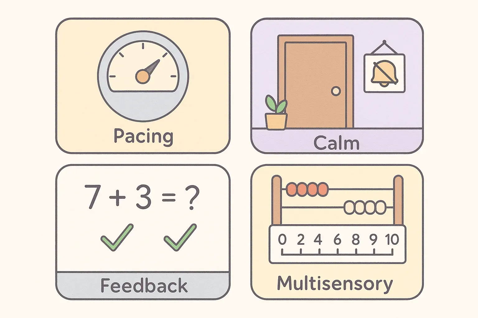 Four illustrated tiles showing personalized pacing, calm environment, immediate feedback, and multisensory learning.